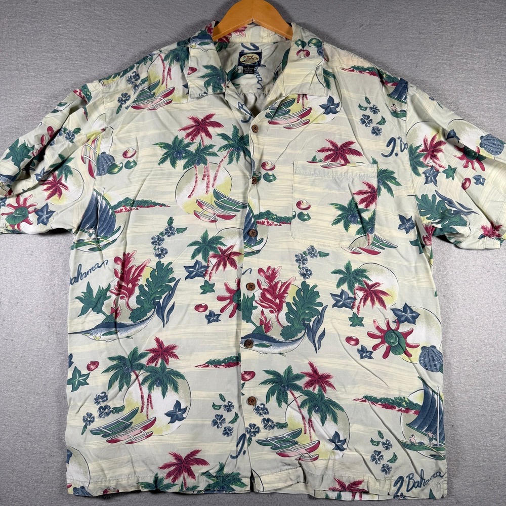 Tommy Bahama Mens XL Tropical Island Print Rayon Short Sleeve Aloha Shirt Cream